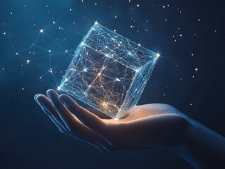 Wall Mural - Abstract hand holding a cube with digital connections on dark blue background.