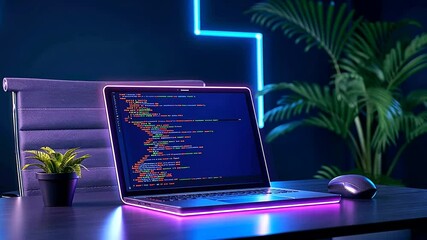 Night coder's laptop glows, code visible, plants nearby, modern office