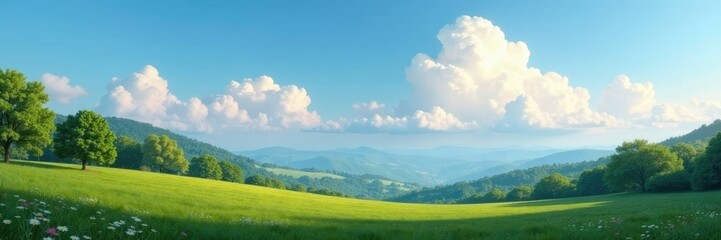 Wall Mural - Cloudy sky with trees and hills in the background, cloud, hill, serene