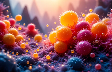 Fototapete - Abstract vibrant landscape with spiky colorful spheres, resembling cells, in orange, pink, purple, and blue hues.