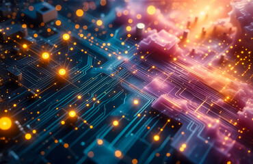 Fototapete - Abstract digital technology with glowing lights tracing circuit paths, futuristic design, vibrant colors, contrasting cool blue and warm orange tones.