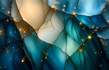 Aufkleber - Abstract design with geometric shapes in teal, blue, and beige colors, accented by golden sparkles.  Fragmented and textured appearance.