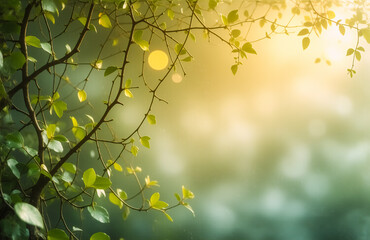 Poster - Sunlight streams through lush green leaves on a tree branch. A soft, blurred background of green and yellow evokes a peaceful, natural atmosphere.