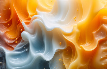 Aufkleber - Abstract fluid art with swirling waves of orange, yellow, white, and blue hues. Smooth, flowing texture creates a dynamic and vibrant visual.
