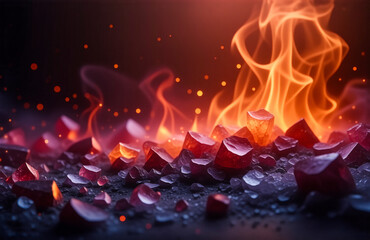 Aufkleber - Vibrant orange flames rise above scattered red gems on a dark, smoky surface, creating a dramatic and fiery abstract scene.