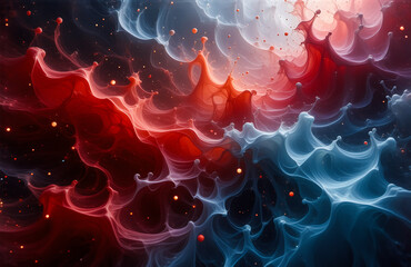 Poster - Abstract swirling clouds in red and blue hues. Golden dots are scattered across the nebulous forms creating a dynamic and fluid composition.