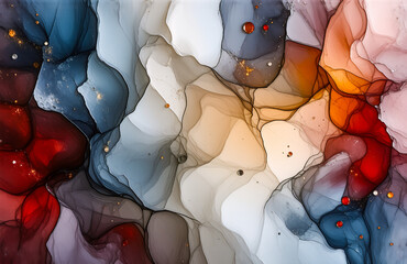 Fototapete - Abstract flowing art with blended colors. Red, blue, orange, grey and white hues create a dynamic and organic feel.