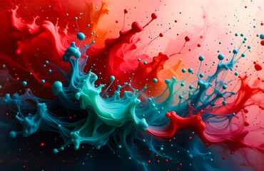Aufkleber - Vibrant explosion of color as red, blue, and orange paints collide and blend in an abstract display of motion and fluidity. Dynamic and artistic splash with liquid texture.