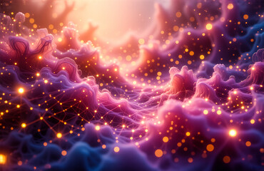Fototapete - Vibrant purple, pink, and blue abstract cloud formation, illuminated by numerous glowing orange lights, creating a dreamy cosmic atmosphere.