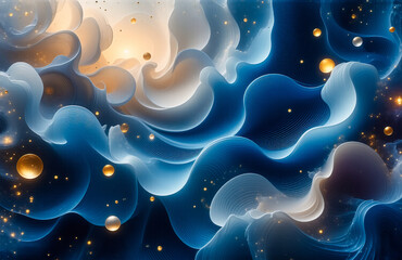 Aufkleber - Dreamy, flowing abstract art with fluid blue and white shapes. Golden spheres add depth to this ethereal, wavy, and smoke-like background.