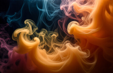 Fototapete - Vibrant swirls of colorful smoke create an abstract and dreamy background. Orange, blue, and pink hues blend in a soft, ethereal texture.