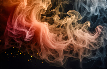Fototapete - Colorful smoke billows and undulates on a black background. A mesmerizing blend of warm and cool colors creates an abstract and flowing image.