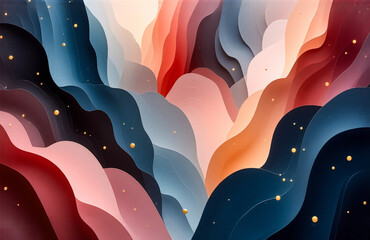 Fototapete - Abstract waves of blue, orange, red, and beige hues flow smoothly, adorned with scattered golden dots, creating a fluid, dreamy artwork.