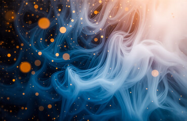 Poster - Abstract artwork featuring flowing blue and white shapes reminiscent of smoke or clouds, illuminated by soft golden bokeh lights against a dark backdrop, creating a dreamy, ethereal atmosphere.