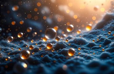 Aufkleber - Golden and clear spheres float above a textured blue terrain. Warm bokeh lights and illuminated orbs create a dreamy, abstract and atmospheric scene.