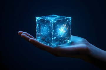 Wall Mural - Abstract hand holding a cube with digital connections on dark blue background.