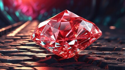 A large, faceted red gemstone resting on railroad tracks