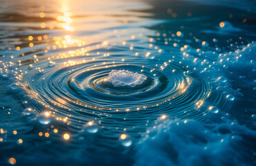 Poster - Golden sunlight reflects on swirling water, creating ripples and a mesmerizing circular motion on the surface of the tranquil blue liquid.
