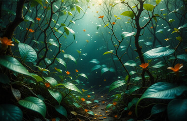 Leinwandbilder - Sunlight streams through dense green foliage in a lush forest, illuminating scattered leaves and small orange flowers. A vibrant and magical woodland scene.