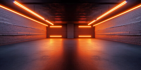 Aufkleber - Empty industrial room with orange neon lights reflecting on floor