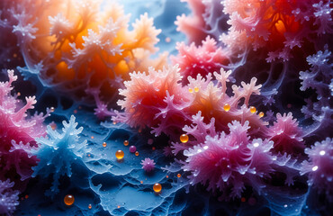 Poster - Vibrant floral abstract, dreamlike scene. Colorful pink, orange, blue, and purple hues with coral-like structures and small yellow droplets.