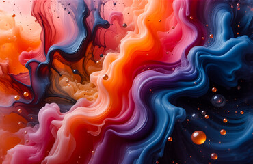 Poster - Abstract image showcasing vibrant swirls of orange, pink, blue, and purple hues. Fluid shapes blend creating a dreamy, dynamic feel, like smoke or liquid paint in motion.