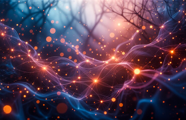 Aufkleber - Dreamy abstract network with glowing particles in a dark forest setting. Mystical connections of light in a blue and orange scene.