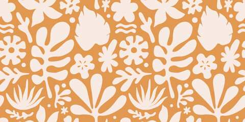 Fototapete - Vector seamless pattern in simple floral wavy and groovy naive style, flowers and plants, floral botanic hand drawn design templates, modern art prints, surface design, holiday and beach theme