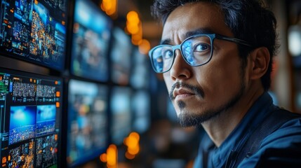 Poster - Focused technician analyzes real time data on multiple screens related to offshore drilling and petroleum operations, ensuring efficient extraction and safety measures.