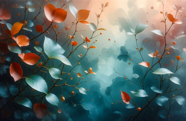 Fototapete - Image: Dreamy depiction of swirling leaves and floral elements floating in an ethereal, abstract landscape. Soft colors and delicate textures create a sense of calm and artistic harmony.