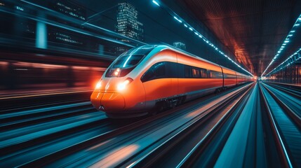 Aufkleber - A sleek high speed train glides through a modern urban environment illuminated by city lights, emphasizing innovations in transportation, automation, and mobility solutions.