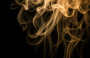 Fototapete - Swirling, golden-hued wisps of smoke dance against a stark black backdrop, creating an ethereal and abstract display, hint of movement and lightness.