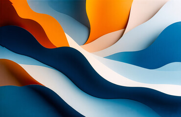 Poster - Here's the description and keywords:

Abstract, colorful, flowing shapes suggesting movement and depth, with blues, oranges, and whites blending together. The layers interact creating a dynamic compos