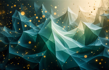 Poster - Abstract geometric landscape with a crystalline structure. Hints of light and depth add to the complexity, highlighting the three-dimensional design. A vibrant scene.