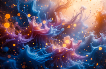Leinwandbilder - A vibrant cosmic scene unfolds, showcasing swirling, ethereal clouds in shades of blue, purple, and orange. Glimmering particles shimmer, suggesting a vast, dynamic universe. Hints of light illuminate