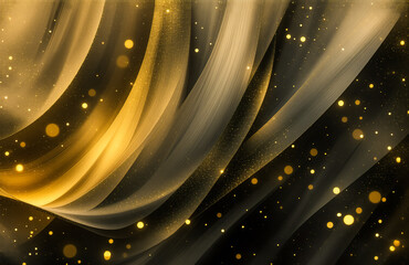 Leinwandbilder - A flowing, abstract composition of golden and dark waves with sparkling light elements. The design conveys a sense of elegance and movement, with a rich, luxurious feel. It suggests celebration and fe