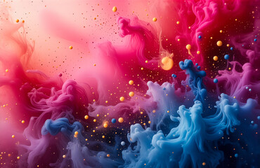 Poster - Vibrant, colorful abstract art, with a mix of pink, blue, and golden elements. The dreamy, fluid shapes blend creating an ethereal atmosphere, reminiscent of cosmic formations. Hints of light glimmer 