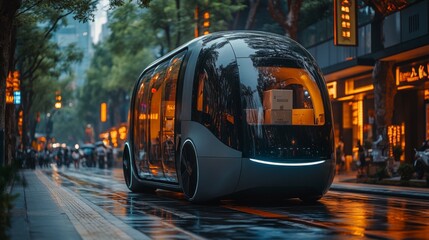 Fototapete - A self driving delivery vehicle navigates vibrant city streets teeming with activity, illustrating the future of urban transportation and automation in logistics.