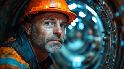 Fototapete - Miner in bright safety helmet inspects equipment in a dimly lit tunnel during an extraction operation, highlighting the importance of safety and skill in underground work.