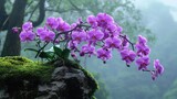 Beautiful purple orchids cascading over a moss covered rock formation