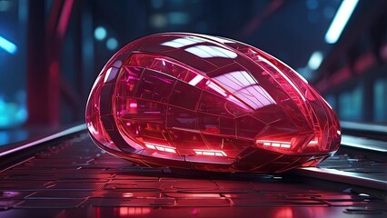 A large, faceted red gemstone resting on railroad tracks