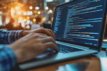A programmer sits on a laptop writing code to develop a business application in a modern office.