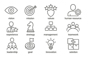 Poster - Vector icons representing key concepts in business such as vision, mission, values, and teamwork for effective management strategies