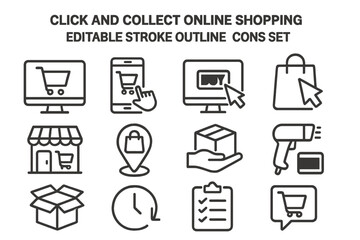Aufkleber - Click and collect online shopping vector icon set featuring various shopping symbols and activities