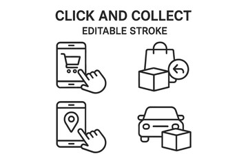 Aufkleber - Interactive line vector icons depicting click and collect shopping process with mobile, shopping bag, and car