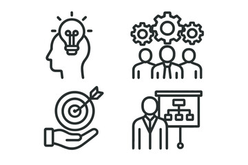 Poster - Concepts of innovation, teamwork, goal setting, and strategy represented through line vector icons for business