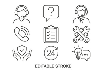 Leinwandbilder - Support service icons depicting customer assistance, communication, and problem-solving tools for 24-7 help