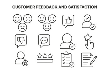 Aufkleber - Icons representing customer feedback and satisfaction in a minimalist line design for modern business use