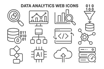 Poster - Data analytics web icons illustrating various analytical tools and processes for effective data management and visualization