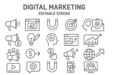 Poster - Digital marketing vector icons featuring communication tools, analytics, and audience engagement